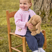 Little English traditional crochet sweater, pink lab crochet sweater for baby girl, quilted overall in navy, peter pan onesie in white