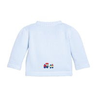 Little English traditional children's clothing. Light blue cotton cardigan with crocheted holiday trains on either side and in back for baby boys.