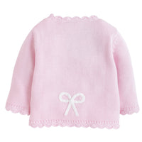 Little English traditional baby clothing, signature light pink crochet sweater with white bow for baby girl