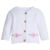 Little English traditional children's clothing. Baby girl's white crochet sweater with pink flowers for Spring. Gift clothing for baby girl