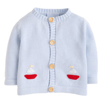 Little English traditional baby clothing, signature light blue crochet cardigan with red sailboat for baby boys