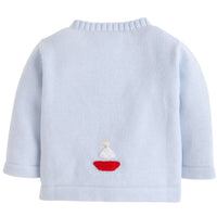 Little English traditional baby clothing, signature light blue crochet cardigan with red sailboat for baby boys
