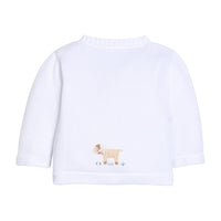 Little English traditional children's clothing. Unisex white cotton cardigan with crocheted sheep on either side and in back for baby boys and girls.