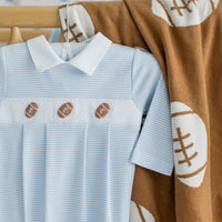 little english classic children's clothing light blue and white striped footie for baby boys with football motif for fall