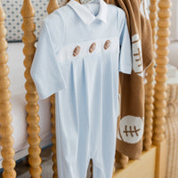 little english classic children's clothing light blue and white striped footie for baby boys with football motif for fall