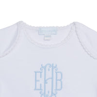 Little English traditional children's clothing. White pima cotton unisex newborn gown with blue monogram