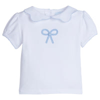 Little English traditional children's clothing. Toddler girl's white short-sleeve peter pan blouse with crochet blue bow for Spring