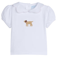 Little English traditional children's clothing. Toddler girl's short sleeve white knit blouse with lab crochet for Spring