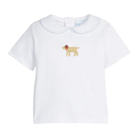 Little English traditional children's clothing. Toddler boy's white knit peter pan shirt with dog crochet for Spring. Gift clothing for toddler boy