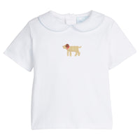 Little English traditional children's clothing. Toddler boy's white knit peter pan shirt with dog crochet for Spring. Gift clothing for toddler boy