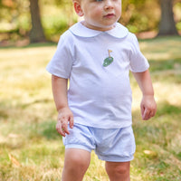 Little English traditional children's clothing. Toddler boy's white pima cotton peter pan shirt with golf crochet for Spring.
