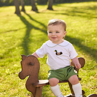 Little english classic childrens clothing, crochet peter pan shirt with mallard motif on chest. banded short in watercress corduroy, outfit for fall