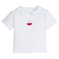 Little English traditional children's clothing. Toddler boy's white knit peter pan shirt with sailboat crochet for Spring