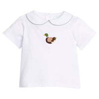 Little English classic children's clothing. White knit shirt with peter pan collar, green picot trim and crochet mallard at the center chest for baby boy