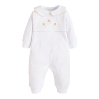 Little English traditional baby clothes, unisex signature white cotton playsuit with peter pan collar, yellow picot trim, and crochet bees for baby boys and girls