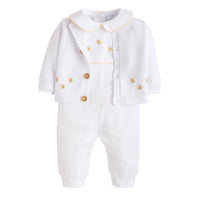 Little English traditional baby clothes, unisex signature white cotton playsuit with peter pan collar, yellow picot trim, and crochet bees for baby boys and girls