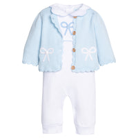 Little English traditional children's clothing. Baby girl's blue with white bow crochet cardigan sweater for Spring. Gift clothing for baby girl