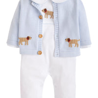 Little English traditional baby clothing, signature light blue crochet sweater with lab for baby boy