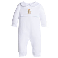 little english classic children's clothing baby boys white playsuit with crochet teddy bear and peter pan collar with light blue details