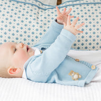 little english classic children's clothing baby boys white playsuit with crochet teddy bear and peter pan collar with light blue details