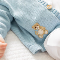 little english classic children's clothing baby boys light blue crochet cardigan with teddy bear motif