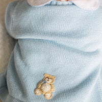 little english classic children's clothing baby boys light blue crochet cardigan with teddy bear motif