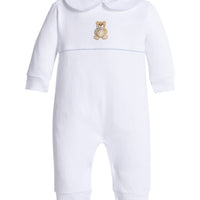 little english classic children's clothing baby boys white playsuit with crochet teddy bear and peter pan collar with light blue details