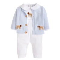 Little English traditional baby clothes, signature white cotton playsuit with peter pan collar, light blue picot trim, and crochet lab for baby boy