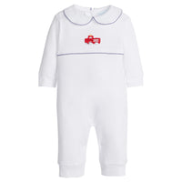 little english classic children's clothing boys white playsuit with red crochet firetruck and navy picot trim