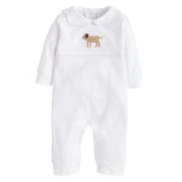 Little English traditional baby clothes, signature white cotton playsuit with peter pan collar, light pink picot trim, and crochet lab for baby girl