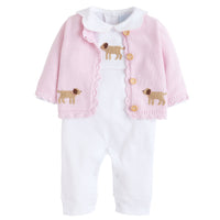 Little English traditional baby clothes, signature white cotton playsuit with peter pan collar, light pink picot trim, and crochet lab for baby girl