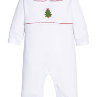 Little English traditional children's clothing. White pima cotton playsuit with red picot trim, scalloped collar, and crochet christmas tree at center chest