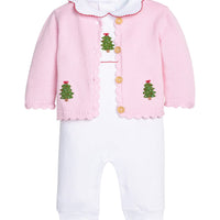 Little English traditional children's clothing. Light pink cotton cardigan with crocheted christmas trees on either side and in back for baby girls. Layered over white pima cotton playsuit with red picot trim, scalloped collar, and crochet christmas tree at center chest