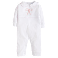 Little English traditional baby clothing, signature crochet playsuit with pink bow for baby girl