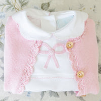 Little English traditional baby clothing, signature crochet playsuit with pink bow for baby girl