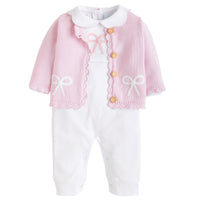 Little English traditional baby clothing, signature crochet playsuit with pink bow for baby girl