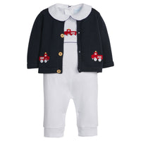 little english classic children's clothing boys white playsuit with red crochet firetruck and navy picot trim