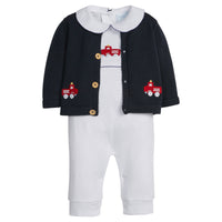 Little English classic baby clothes, signature navy cardigan with red fire trucks for baby boys