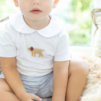 Little English traditional children's clothing. Toddler boy's white knit peter pan shirt with dog crochet for Spring. Gift clothing for toddler boy