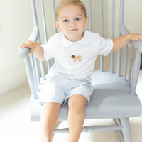 Little English traditional children's clothing. Toddler boy's white knit peter pan shirt with dog crochet for Spring. Gift clothing for toddler boy