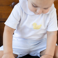 Little English traditional children's clothing. Toddler boy's white pima cotton peter pan shirt with yellow duck crochet for Spring. Gift clothing for toddler boy