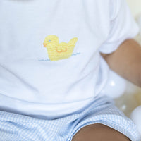 Little English traditional children's clothing. Toddler boy's white pima cotton peter pan shirt with yellow duck crochet for Spring. Gift clothing for toddler boy