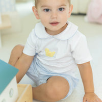 Little English traditional children's clothing. Toddler boy's white pima cotton peter pan shirt with yellow duck crochet for Spring. Gift clothing for toddler boy