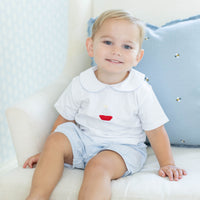 Little English traditional children's clothing. Toddler boy's white knit peter pan shirt with sailboat crochet for Spring. Gift clothing for toddler boy