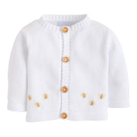 Little English traditional baby clothes, unisex signature white cardigan with crochet bees for baby boys and girls