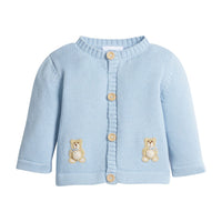 little english classic children's clothing baby boys light blue crochet cardigan with teddy bear motif