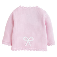 Little English traditional baby clothing, signature light pink crochet sweater with white bow for baby girl