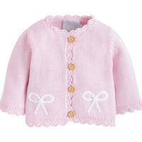 Little English traditional baby clothing, signature light pink crochet sweater with white bow for baby girl