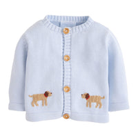 Little English traditional baby clothing, signature light blue crochet sweater with lab for baby boy