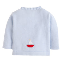 Little English traditional baby clothing, signature light blue crochet cardigan with red sailboat for baby boys